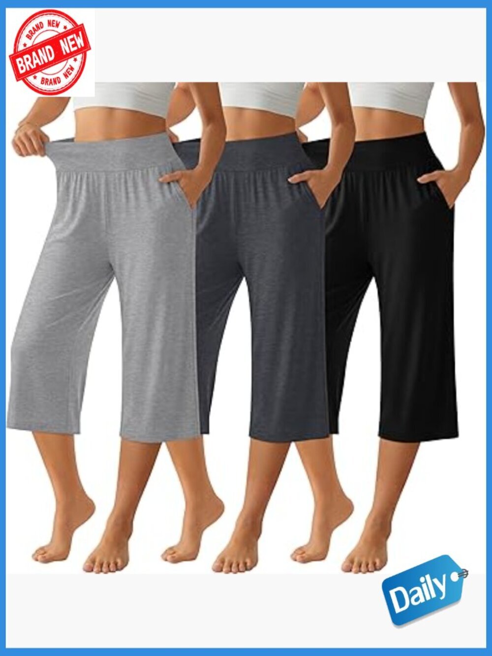 3 Pack High Waist Wide Leg Capri Lounge Sweatpants with Pockets